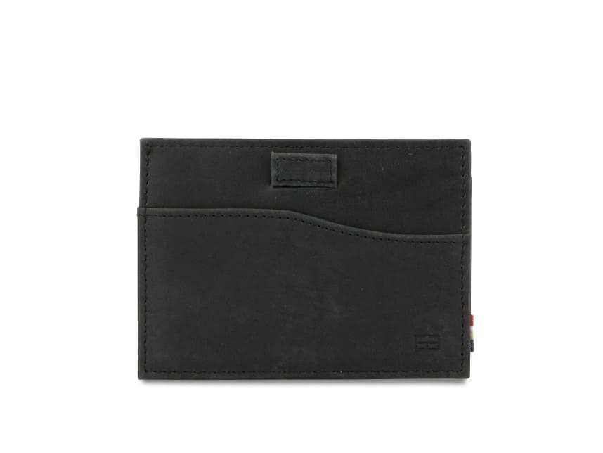 Front view of Leggera Card Holder Brushed in Brushed Black with a pull tab.