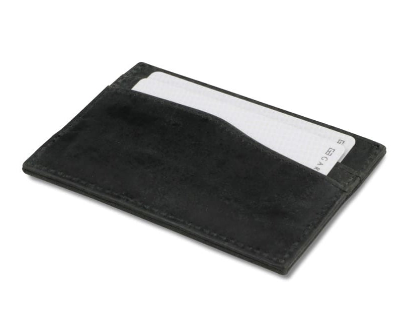 Back view of Leggera Card Holder Brushed in Brushed Black with cards inside.