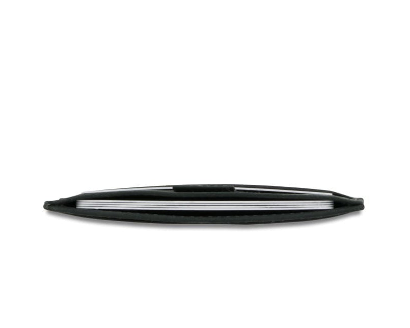 Above view of the Leggera Card Holder Brushed in Brushed Black with cards inside.