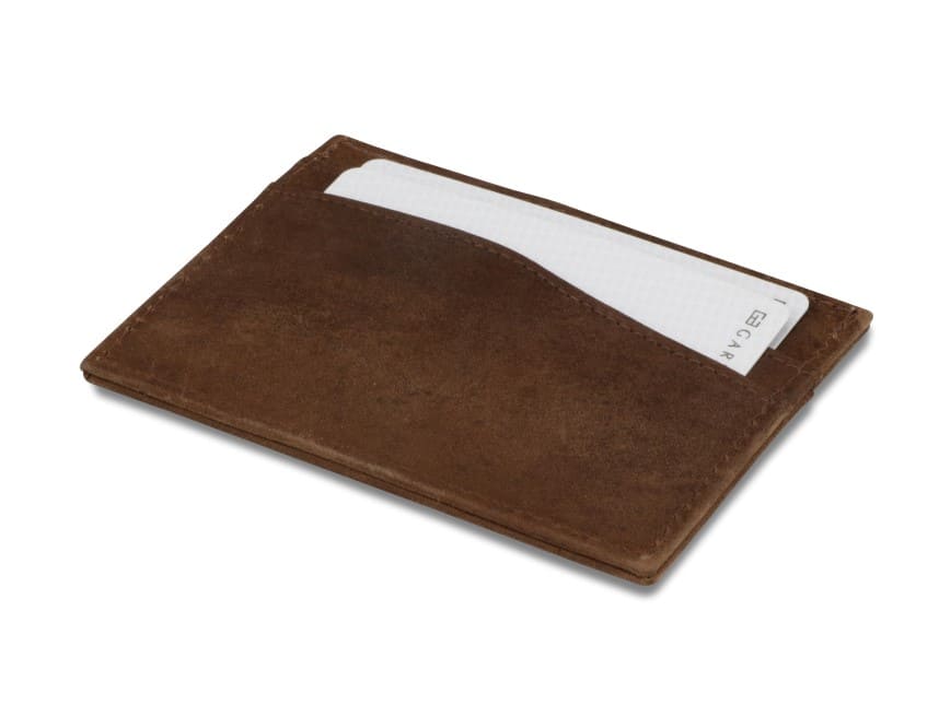 Back view of Leggera Card Holder Brushed in Brushed Brown with cards inside.