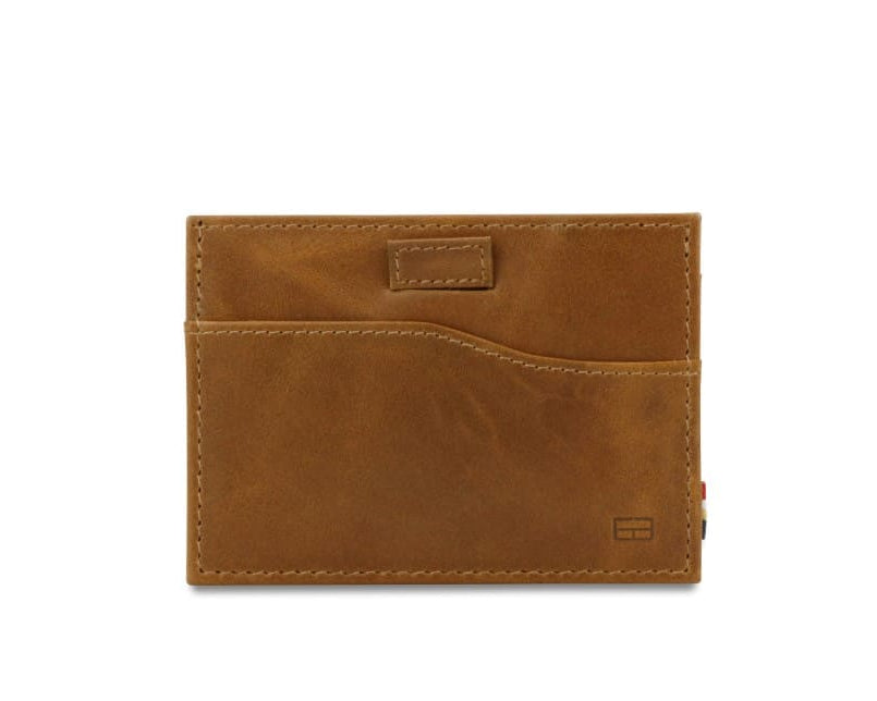 Front view of Leggera Card Holder Brushed in Brushed Cognac with a pull tab.