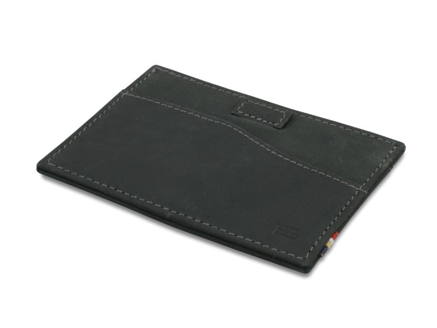 Back view of Leggera Card Holder Vintage in Carbon Black with a pull tab.