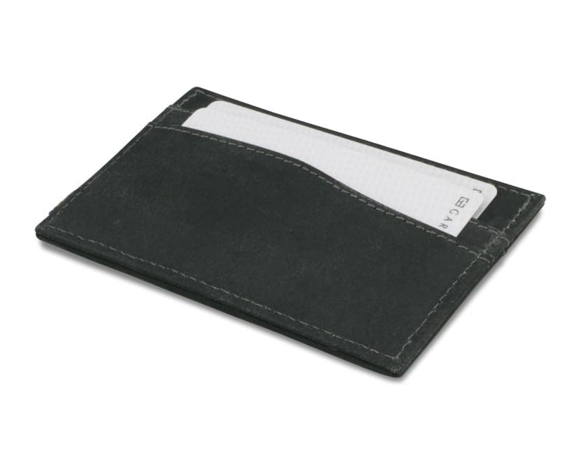 Back view of Leggera Card Holder Vintage in Carbon Black with cards inside.