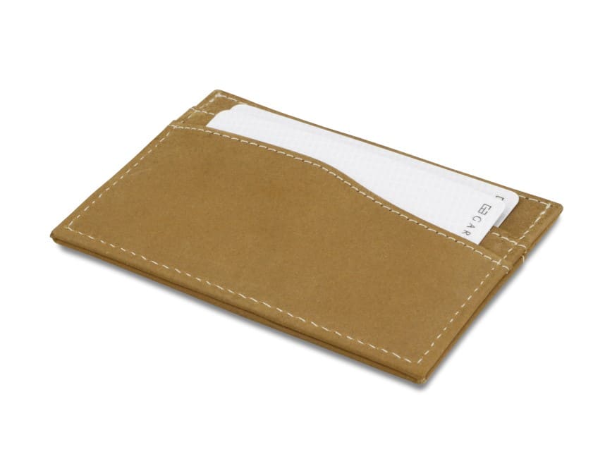 Back view of Leggera Card Holder Vintage in Camel Brown with cards inside.