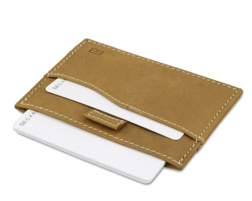 Open Leggera Card Holder Vintage in Camel Brown with cards pulling out.