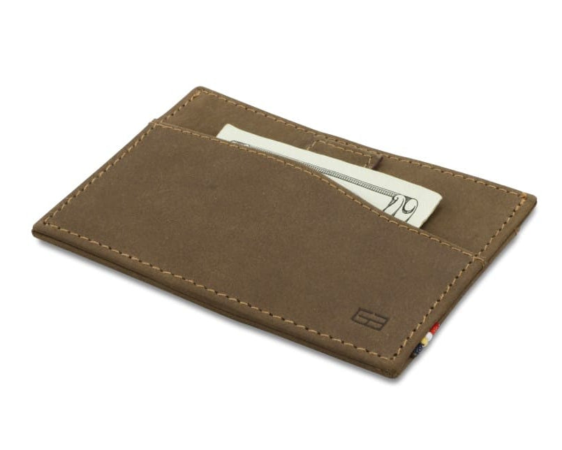 Front view of Leggera Card Holder Vintage in Java Brown with pull tab with money.