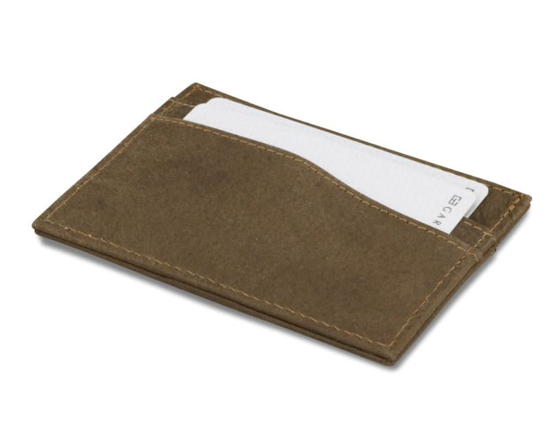 Back view of Leggera Card Holder Vintage in Java Brown with cards inside.