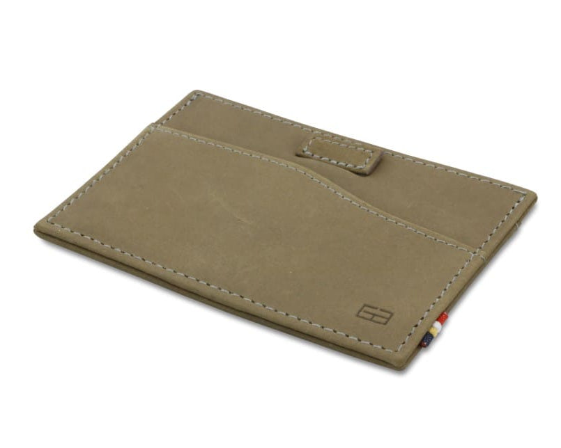 Back view of Leggera Card Holder Vintage in Metal Grey with a pull tab.