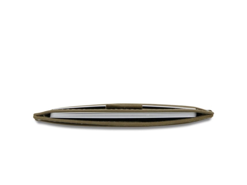 Above view of the Leggera Card Holder Vintage in Metal Grey with cards inside.