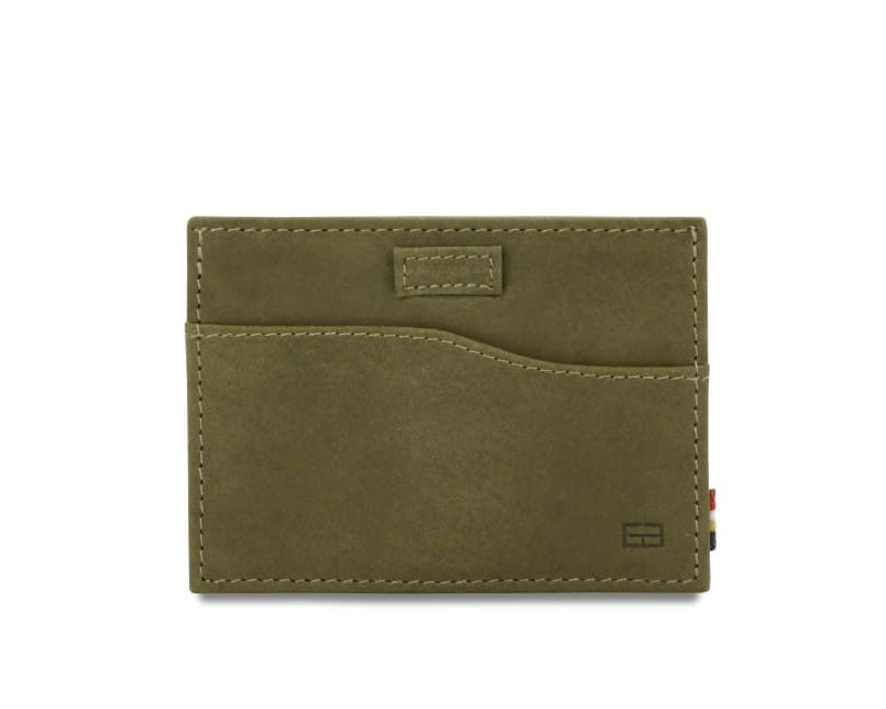 Front view of Leggera Card Holder Vintage in Olive Green with a pull tab.