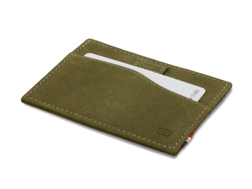 Back view of Leggera Card Holder Vintage in Olive Green with cards inside.