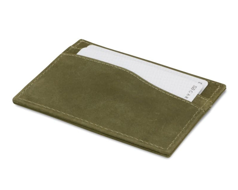 Front view of Leggera Card Holder Vintage in Olive Green with a pull tab with a card.