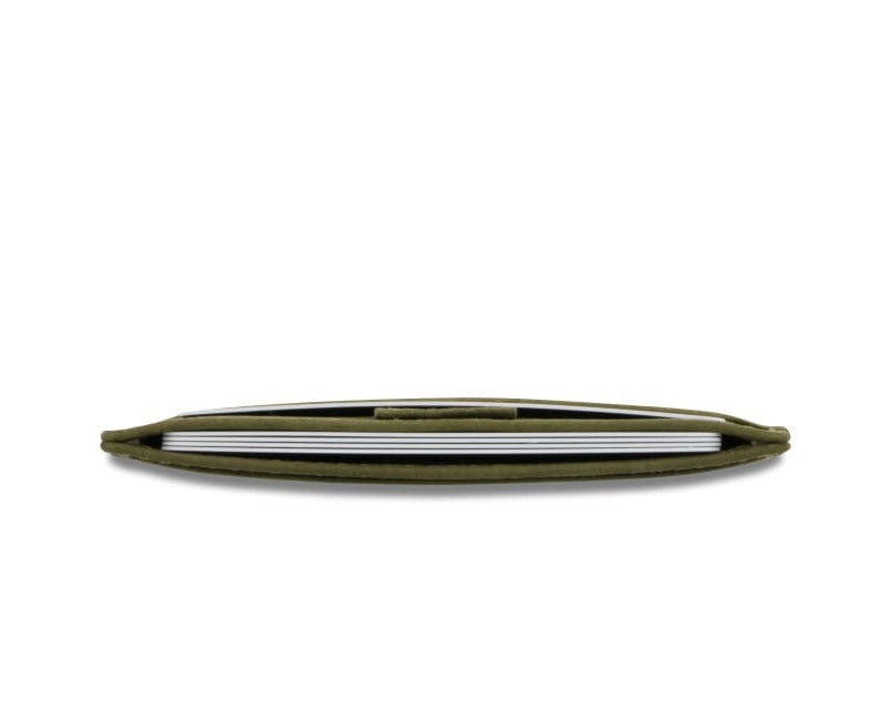 Above view of the Leggera Card Holder Vintage in Olive Green with cards inside.