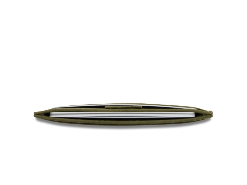 Above view of the Leggera Card Holder Vintage in Olive Green with cards inside.