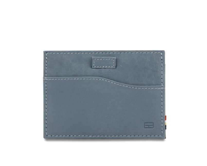 Front view of Leggera Card Holder Vintage in Sapphire Blue with a pull tab.