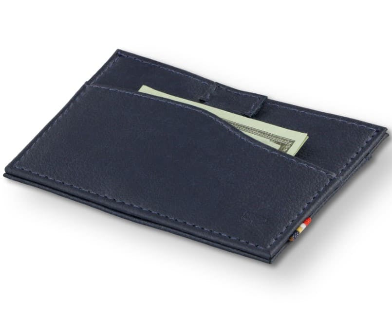 Front view of Leggera Card Holder Vegan in Cactus Blue with a pull tab with money.
