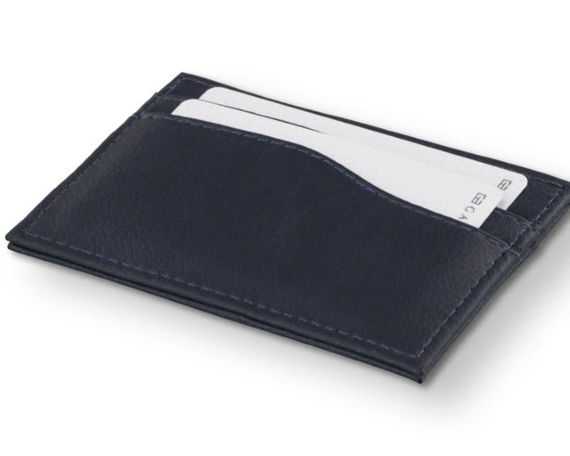 Front view of Leggera Card Holder Vegan in Cactus Blue with a pull tab with a card.
