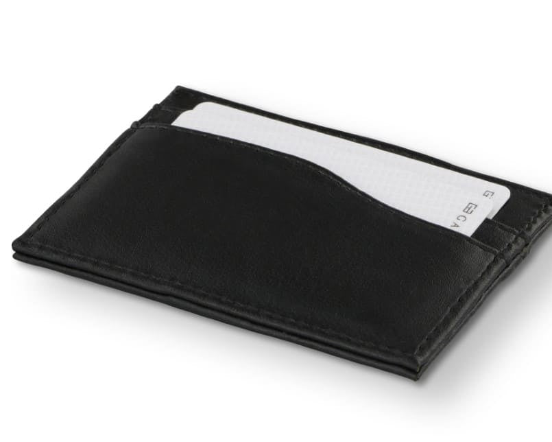 Front view of Leggera Card Holder Vegan in Cactus Black with a pull tab with a card.