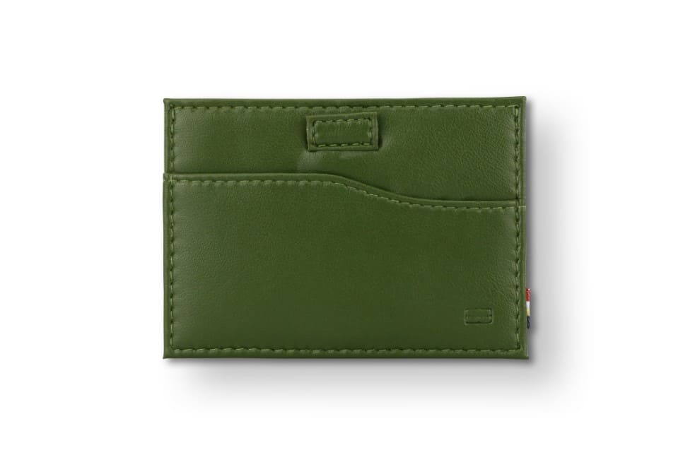 Front view of Leggera Card Holder Vegan in Cactus Green with a pull tab.