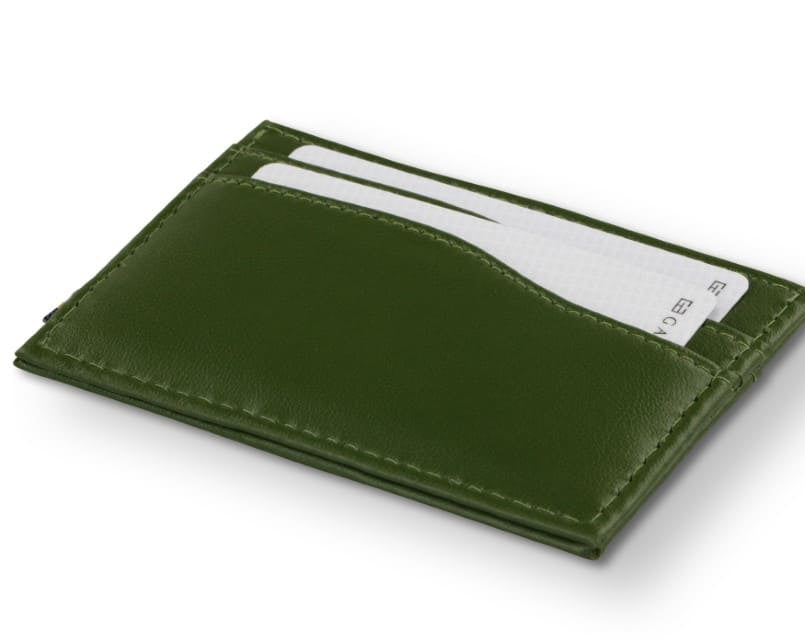 Front view of Leggera Card Holder Vegan in Cactus Green with a pull tab with a card.