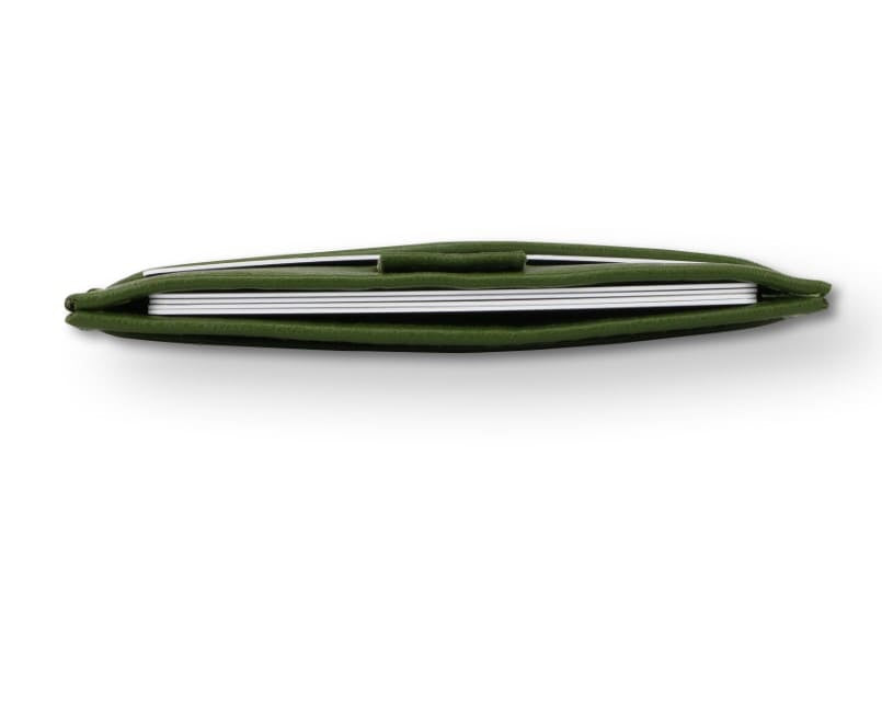 Above view of the Leggera Card Holder Vegan in Cactus Green with cards inside.