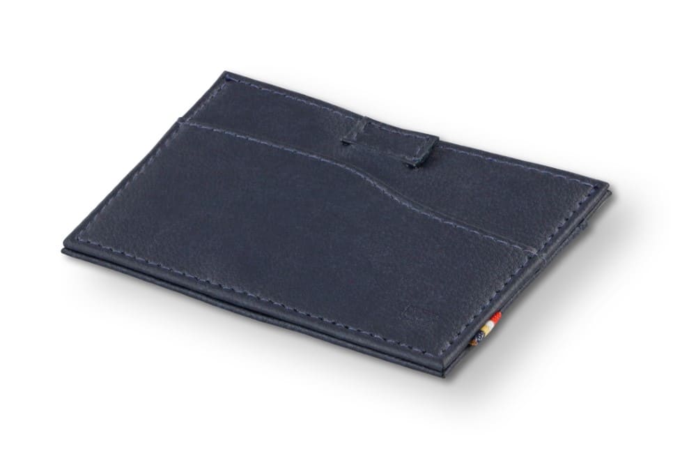 Front view of Leggera Card Holder ID Window Vegan in Cactus Blue with a pull tab.
