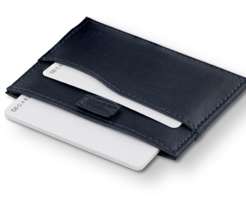 Open Leggera Card Holder ID Window Vegan in Cactus Blue with cards pulling out.