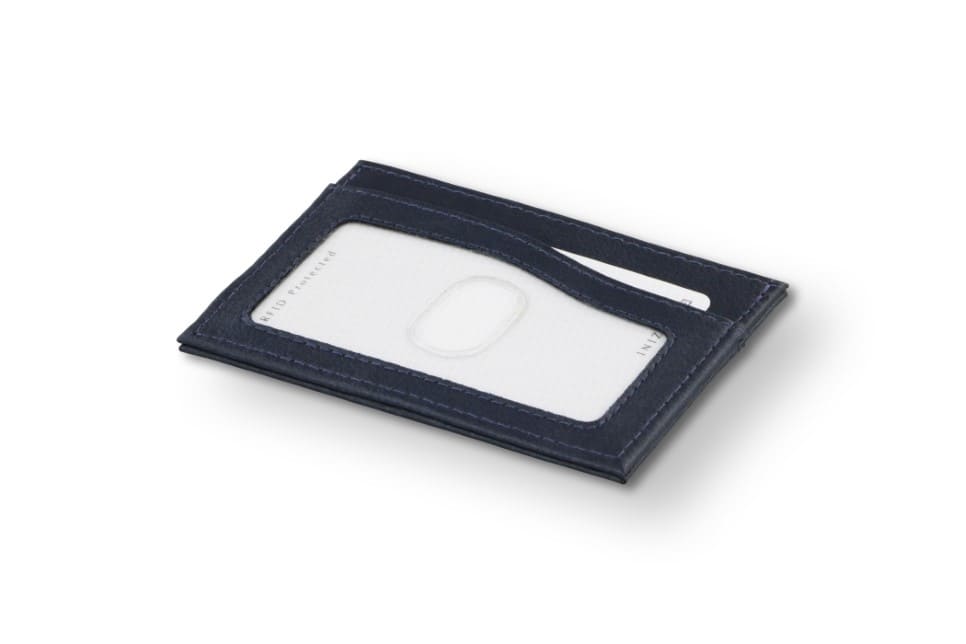 Back view of Leggera Card Holder ID Window Vegan in Cactus Blue with cards inside the ID window.