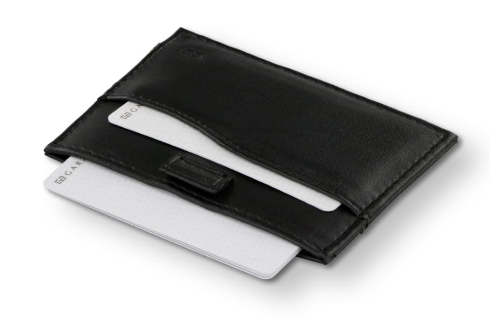 Open Leggera Card Holder ID Window Vegan in Cactus Black with cards pulling out.