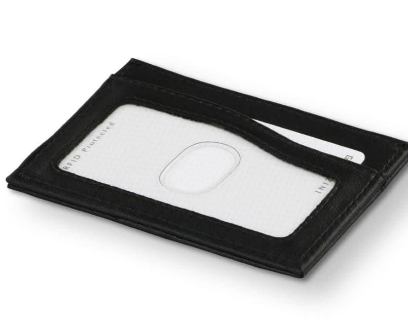 Back view of Leggera Card Holder ID Window Vegan in Cactus Black with cards inside the ID window.