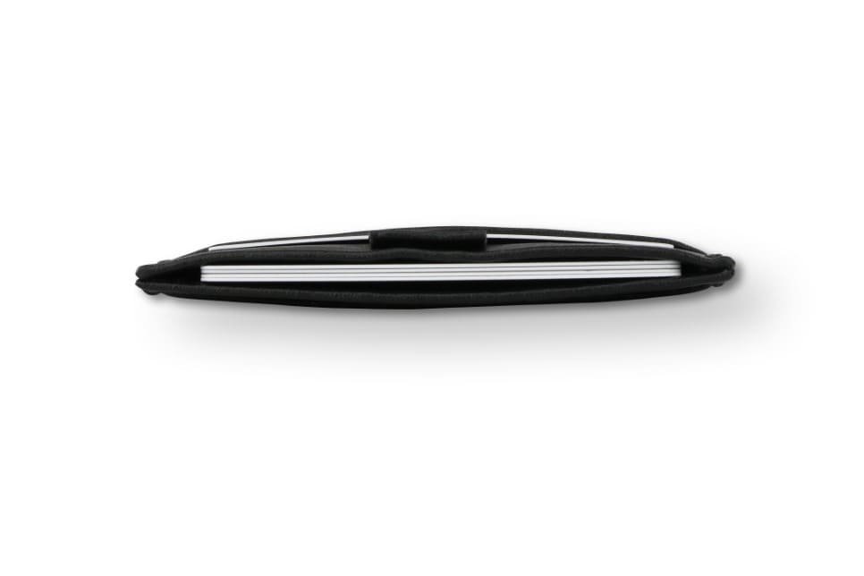 Above view of the Leggera Card Holder ID Window Vegan in Cactus Black with cards inside.