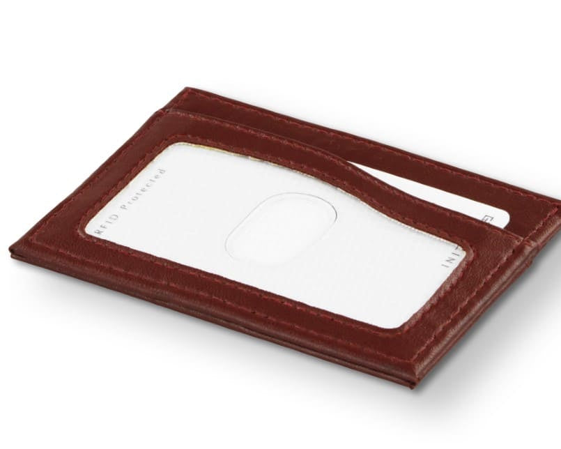 Back view of Leggera Card Holder ID Window Vegan in Cactus Burgundy with cards inside the ID window.