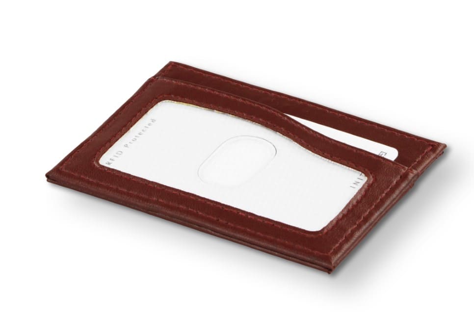 Back view of Leggera Card Holder ID Window Vegan in Cactus Burgundy with cards inside the ID window.