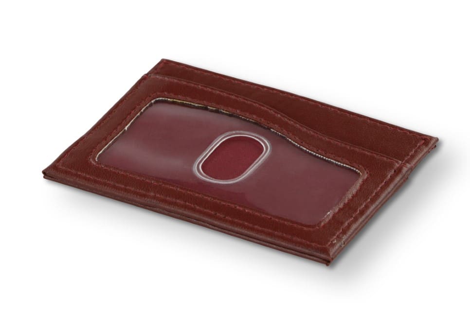 Front view of Leggera Card Holder ID Window Vegan in Cactus Burgundy with a pull tab.