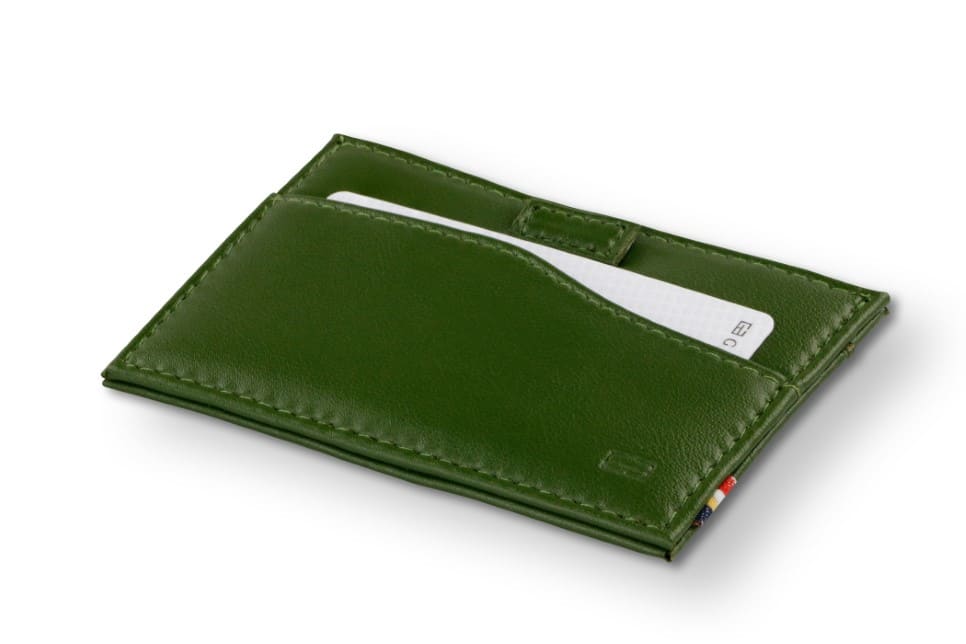 Front view of Leggera Card Holder ID Window Vegan in Cactus Green with a pull tab with a card.