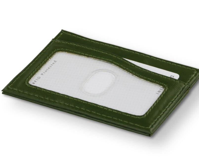 Back view of Leggera Card Holder ID Window Vegan in Cactus Green with cards inside the ID window.