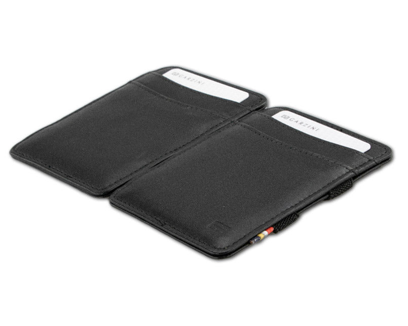 Another view of the opened Garzini Urban Magic Wallet in black leather, emphasizing the practical layout of the card slots.