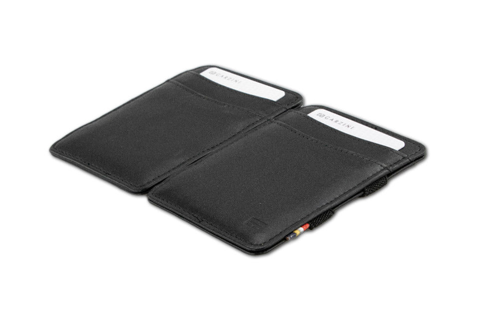 Another view of the opened Garzini Urban Magic Wallet in black leather, emphasizing the practical layout of the card slots.