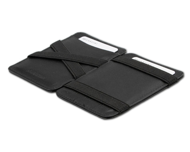 Opened Garzini Urban Magic Wallet in black leather, displaying the card slots and storage compartments.