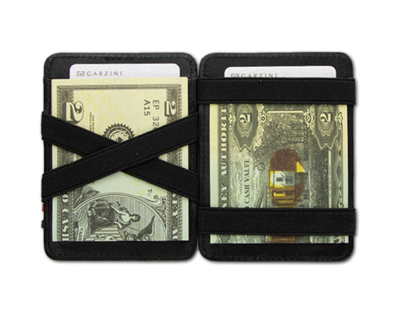 Garzini Urban Magic Wallet in black leather with cash and cards inside, highlighting the X-strap for secure storage.