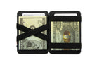 Garzini Urban Magic Wallet in black leather with cash and cards inside, highlighting the X-strap for secure storage.