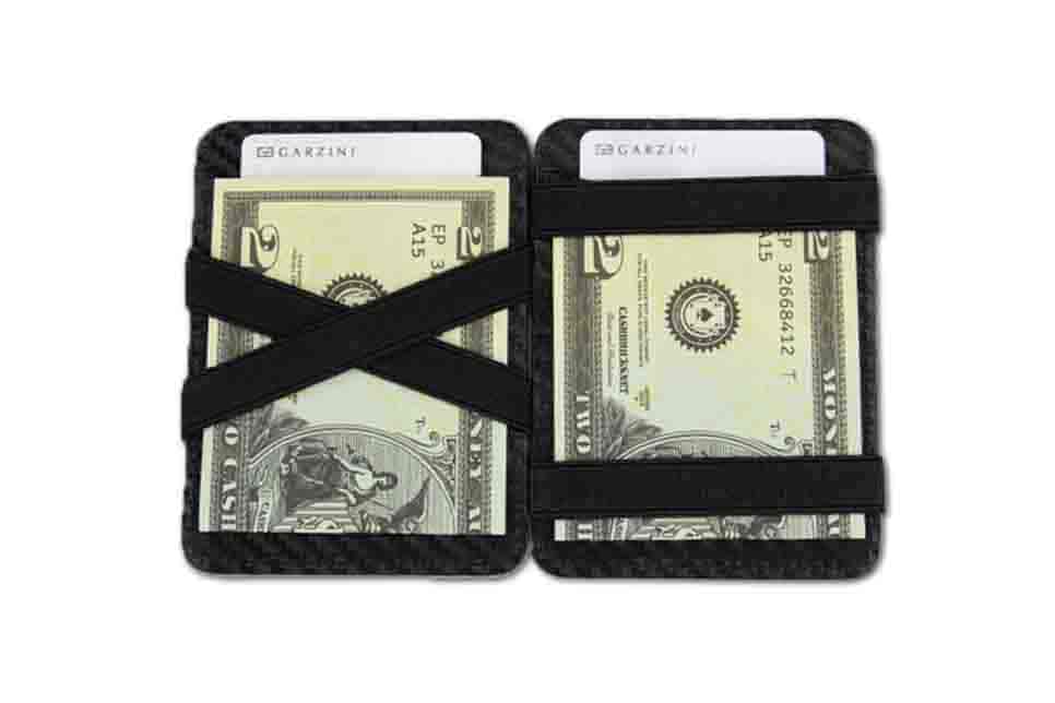 Open view of the Urban Magic Wallet in Carbon Black with money. 