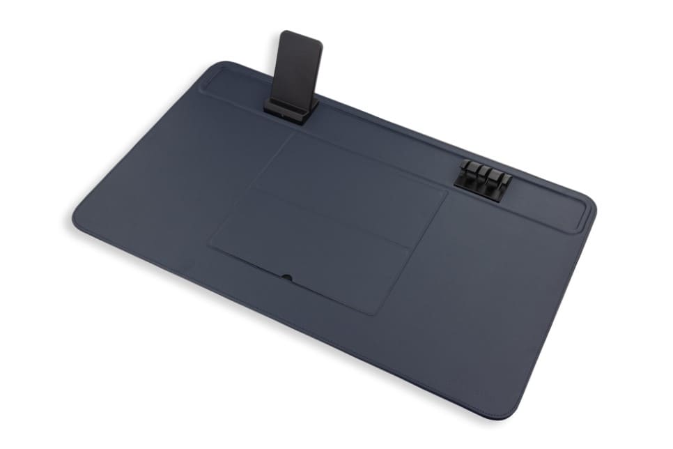 Full view of the blue desk mat