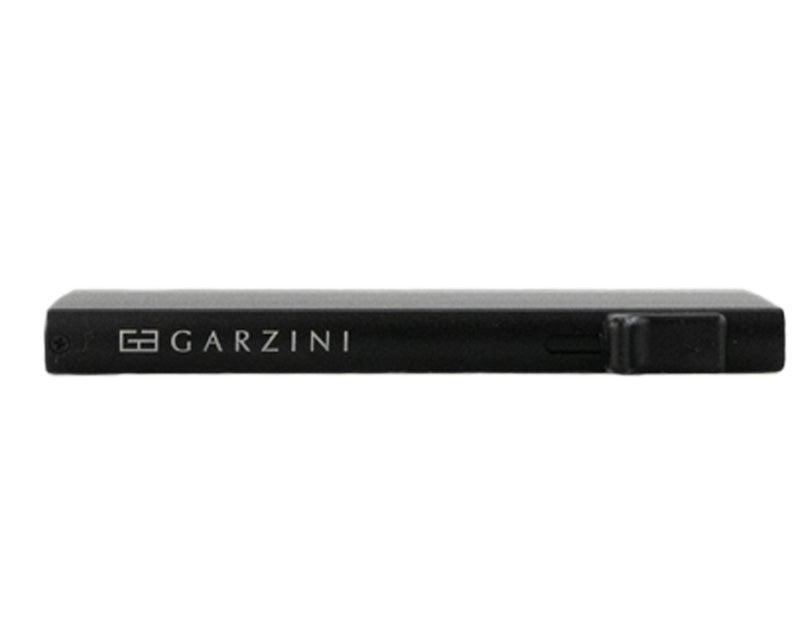 Side view of a black Garzini metal wallet card holder with Garzini branding
