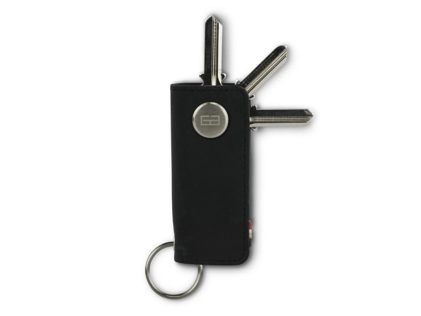 Front view of Lusso Vintage Key Holder in Brushed Black with with a key holder ring and 3 keys.