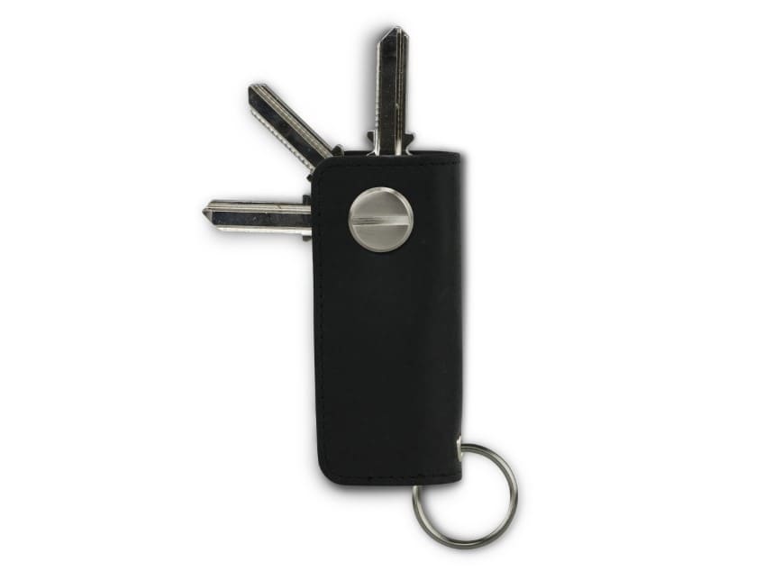 Back view of Lusso Vintage Key Holder in Brushed Black with with a key holder ring and 3 keys.