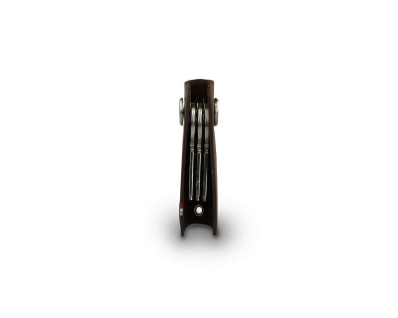 Side view of Lusso Vintage Key Holder in Brushed Brown with with a key holder ring and 3 keys in the keychain.