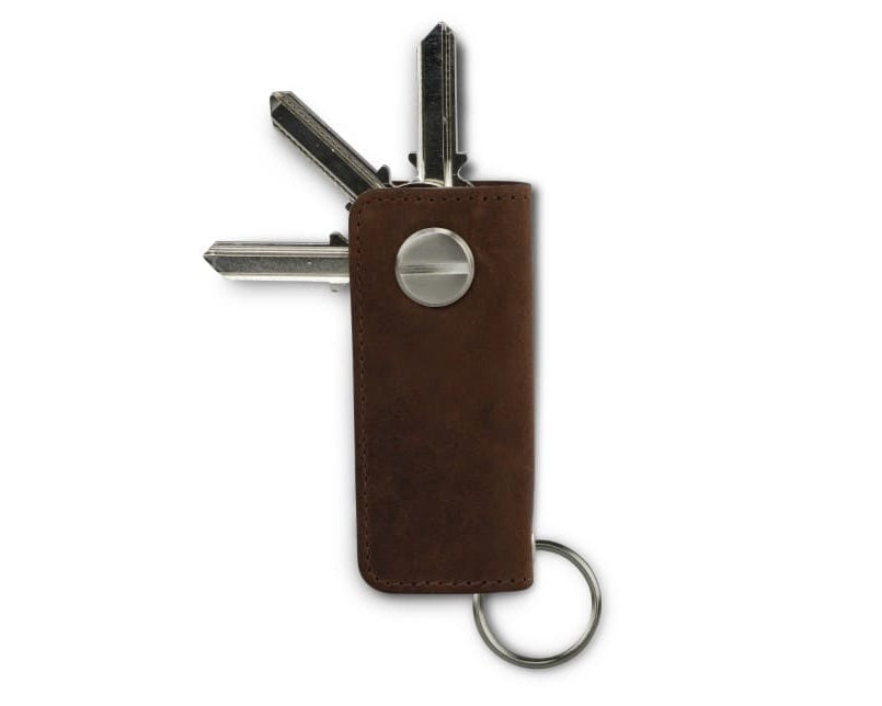 Back view of Lusso Vintage Key Holder in Brushed Brown with with a key holder ring and 3 keys.