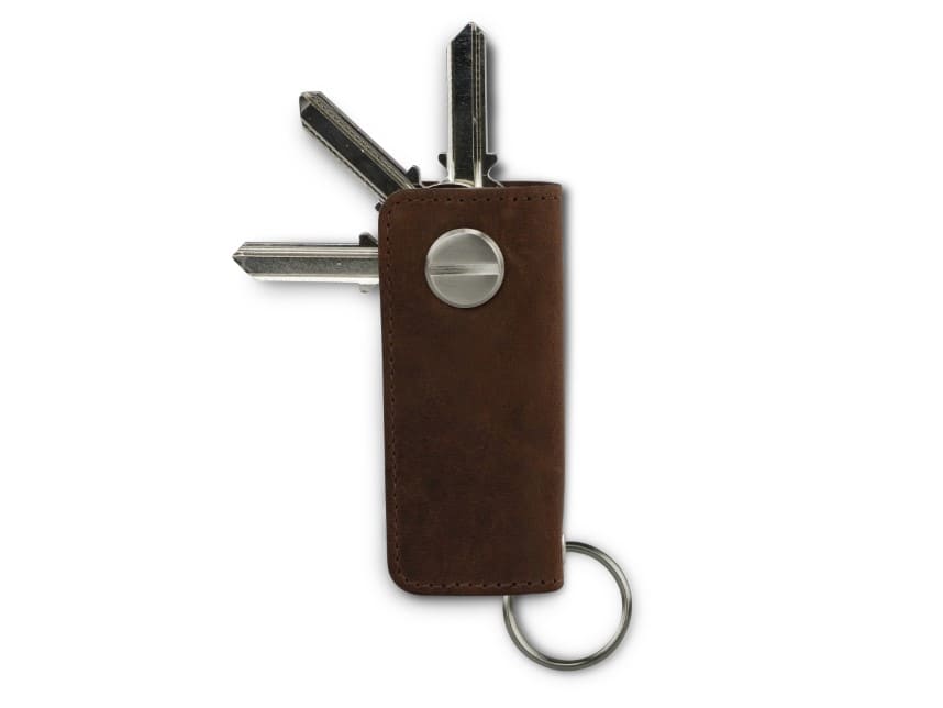 Back view of Lusso Vintage Key Holder in Brushed Brown with with a key holder ring and 3 keys. 