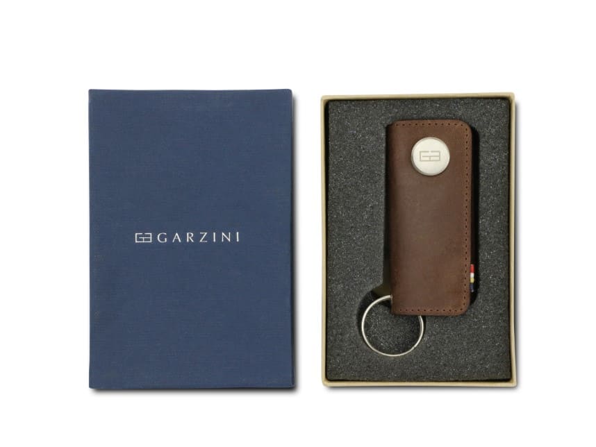 Front view of the Lusso Vintage Key Holder in Brushed Brown in the box with the brand name Garzini.